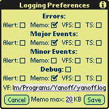 Logging Preferences screen